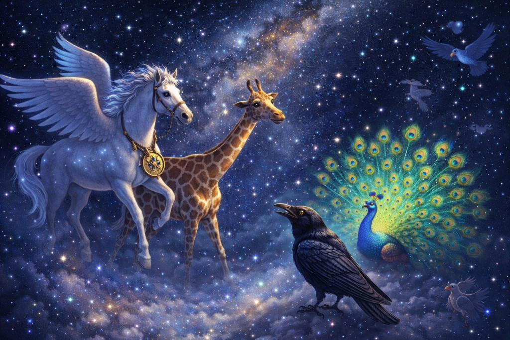 Illustration of Pegasus and Camelopardalis lost in the Milky Way with Corvus and Pavo